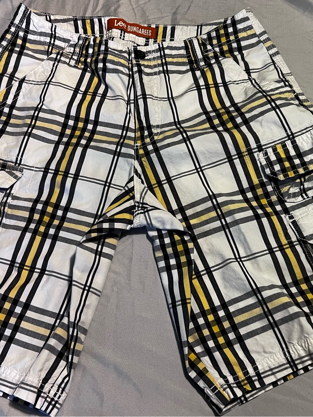 Lee Men’s White Plaid Cargo Shorts with Black & Yellow Stripes